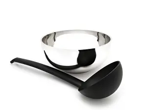Prints of Soup Ladle Near the Metallic Bowl Against the White Background Riga, Latvia Latvia Prints: Riga Soup Ladle Print Against White Background