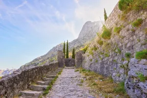 Prints of Staircase in ancient Kotor fortress at sinrise, Montenegro Montenegro Prints: Staircase in Kotor Fortress Print at Sunrise, Montenegro