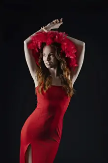 Red Dress Model Prints: In a studio with dramatic lighting