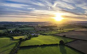 Sunset Over England Prints: Sunset over Devon Fields from a drone