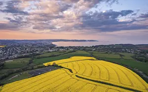 British Countryside Landscape Prints: Sunset over Devon Fields and Farmlands from a drone