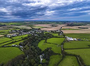 Wales Prints: Sunset over Fields and Farms Drone Print, Wales UK