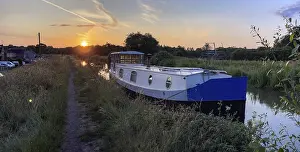 Prints of Sunset and Houseboat, North Oxford Canal, Coventry, England, United Kingdom Coventry Prints: Sunset and Houseboat Print, North Oxford Canal