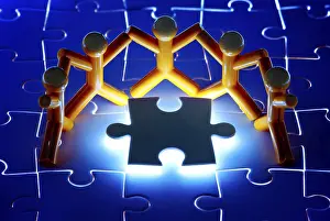 Handicraft Tool Image Prints: Team work on solving puzzle problem