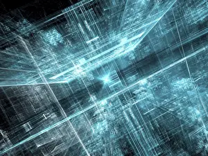 Futuristic Urban Design Prints: Tech, sci-fi or virtual reality background with perspective - abstract computer-generated image