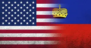 Prints of United States of America (USA) national flag with Liechtenstein National flag. Grunge background Liechtenstein Prints: USA and Liechtenstein Flag Print with Grunge Background