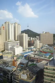 Jung Prints: View of Seoul with N Seoul Tower, Jung-gu, South Korea Print