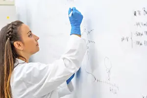 Caucasian Male Scientist Prints: Side view of a scientist using a white board to write data