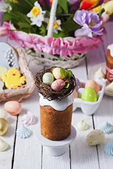 Easter Cake Prints: Top view small Easter cake decorated with nest and tiny eggs