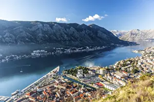 Prints of View of the town of Kotor and the Bay of Kotor from the hill above the town, Montenegro Montenegro Prints: View of Kotor Bay Print, Montenegro