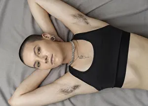 Woman In Swimsuit Prints: Top view woman with body hair