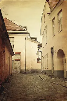 Prints of Vintage style photo of old European town street Estonia Prints: Vintage European Town Street Print