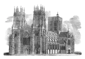 Prints of York Minster, vintage engraved illustration. Colorful History of England, 1837 York Prints: York Minster Engraved Print, 1837