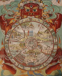 Samsara Prints: Tibetan Buddhist Wheel of Life Print on Embroidered Silk